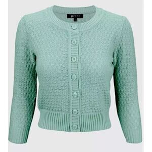 Ye Mak Mint Green Classic Casual Button Front Crew Neck Knit Crop Sweater Small